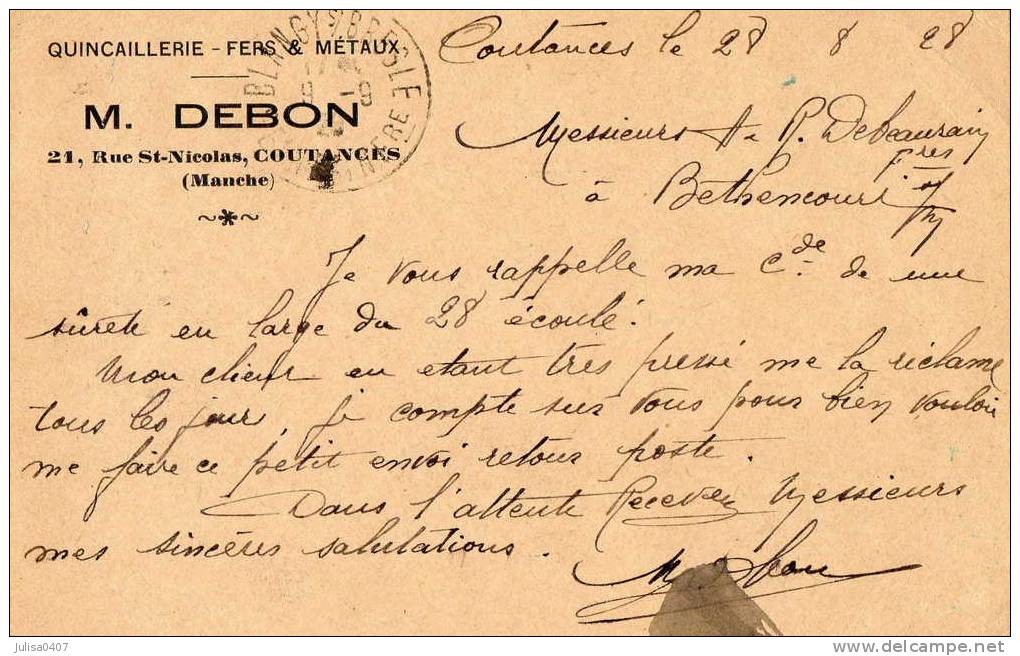 COUTANCES (50) Carte Commerciale Publicitaire Quincaillerie Debon - Coutances