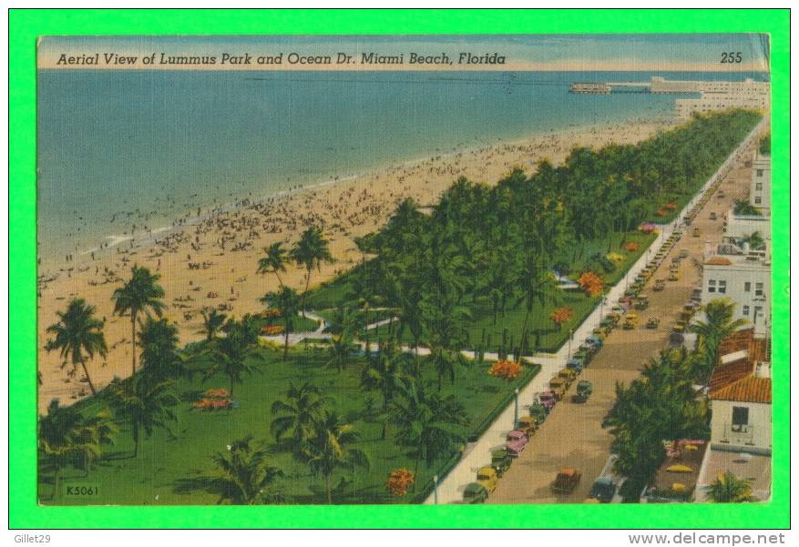 MIAMI BEACH, FL. - AERIAL VIEW OF LUMMUS PARK & OCEAN DRIVE - ANIMATED  OLD CARS - TRAVEL IN 1953 - - Miami Beach