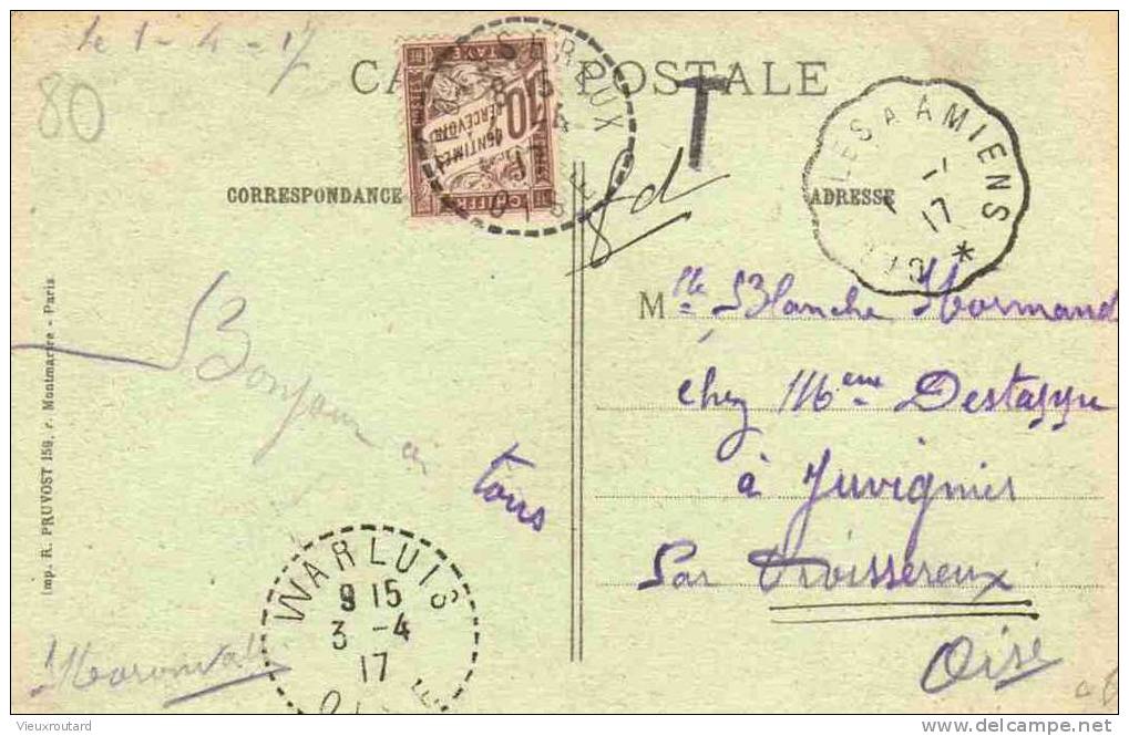 CPA. DOLENS HOTEL DE VILLE. DATEE 1917. Timbre Taxe Y&T N°29 Obl. 10 C. Brun. - Doullens