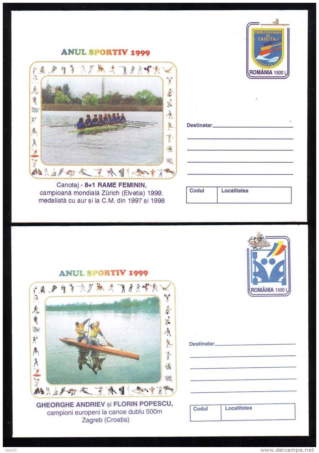 Entier Postaux,stationery Cover 2x, ROWING ,CANOE,1999, Romania. - Kanu