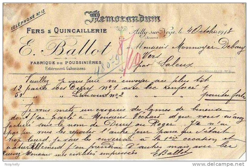 Lettre D´affaires - Quincaillerie E. BALLOT à AILLY Sur NOYES  -  80 SOMME - Non Classés