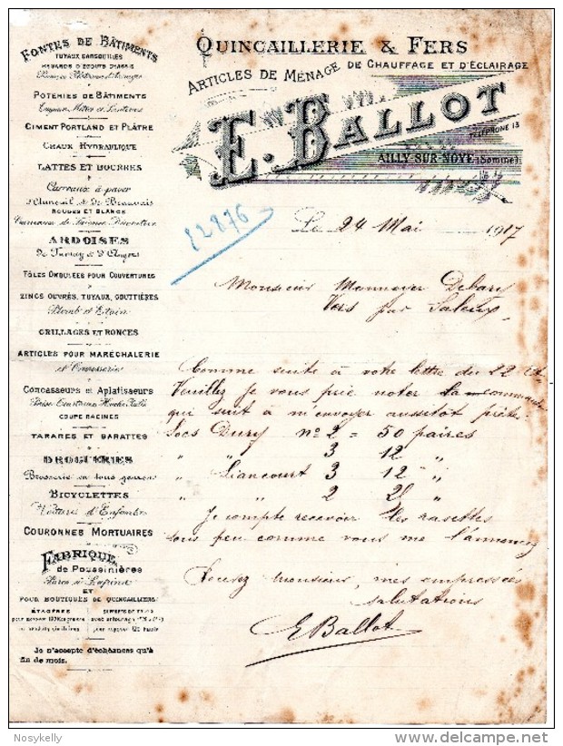 Lettre D´affaires - Quincaillerie E. BALLOT à AILLY Sur NOYES  -  80 SOMME-1917 - Non Classés