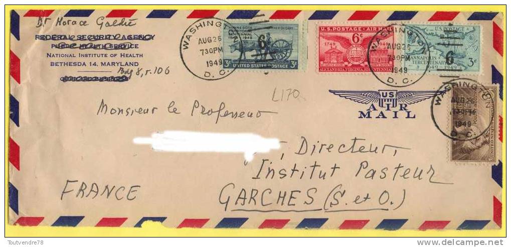 LE170 : USA > FRANCE LETTRE AIR MAIL CACHET WASHINGTON  1949 SUR 4 TIMBRES - Marcophilie