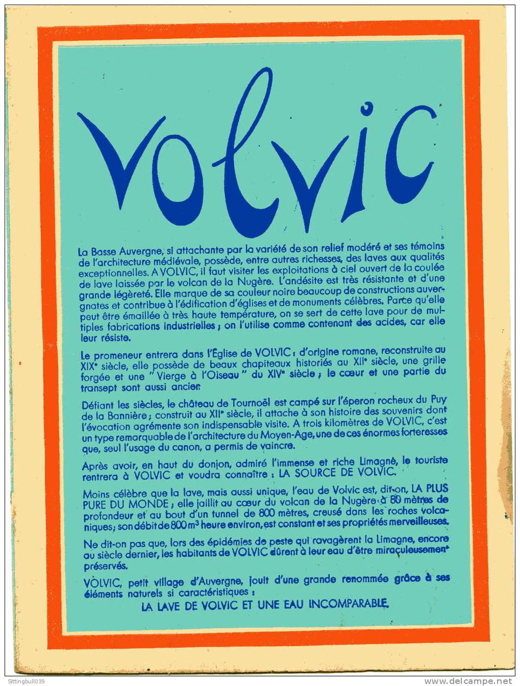 PROTÈGE-CAHIER PUB ILLUSTRE POUR L'EAU DE VOLVIC AVEC QUALITES ET AVANTAGES PRATIQUES SUR LES RABATS. SD 1950 / 55 - Protège-cahiers