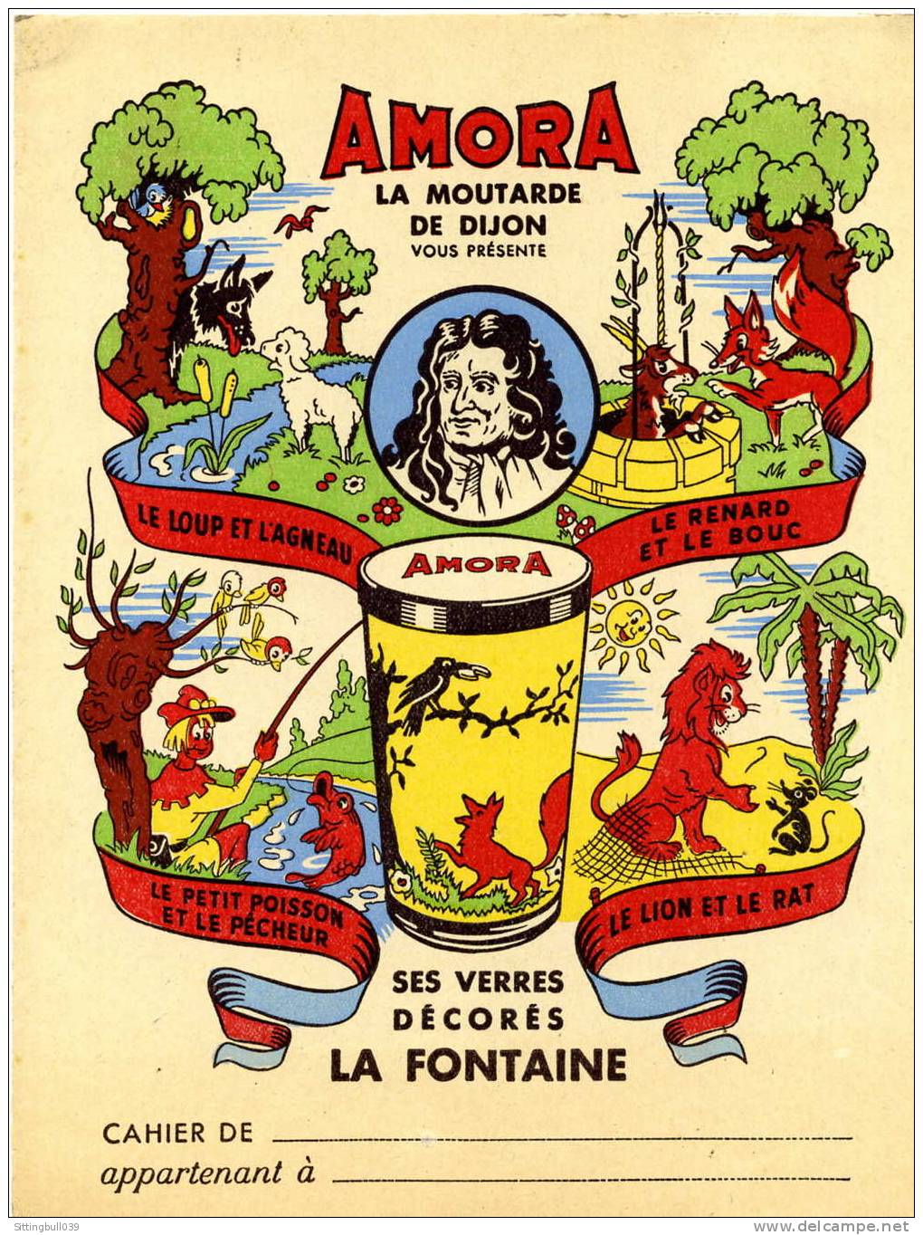 PROTÈGE-CAHIER PUB ILLUSTRE POUR AMORA, LA MOUTARDE DE DIJON AVEC LES VERRES DECORES LA FONTAINE. SD 1950 / 55 - Protège-cahiers