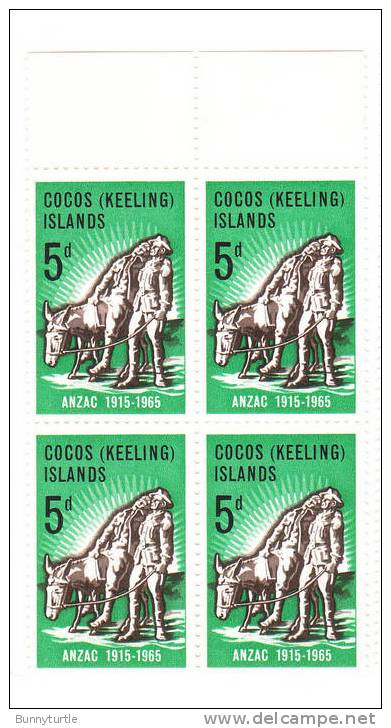 Cocos Islands 1965 Anzac Simpson & His Donkey Blk Of 4 MNH - Cocoseilanden