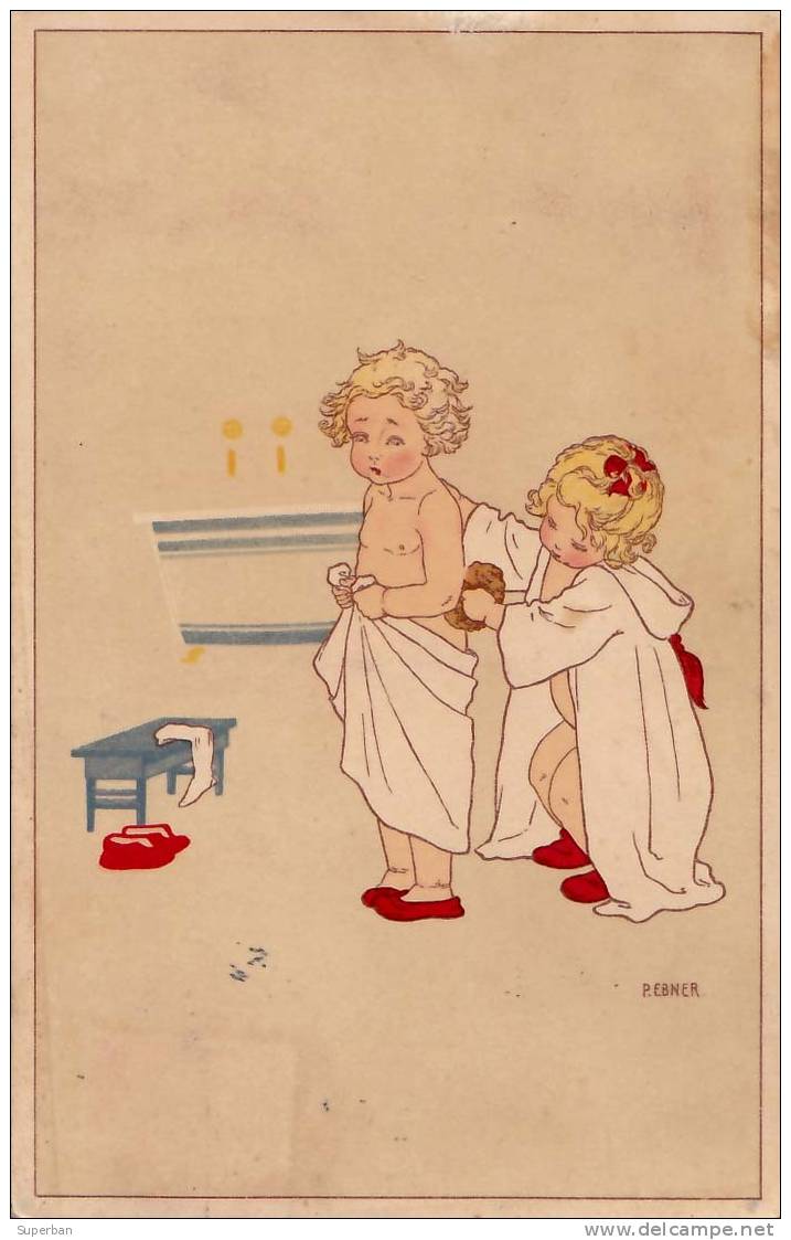 ENFANTS De BELLE ÉPOQUE Au BAIN - SUPERBE ILLUSTRATION SIGNÉE: PAULI EBNER - M. M. [VIENNE] - ANNÉE: ENV. 1918 (d-122) - Ebner, Pauli