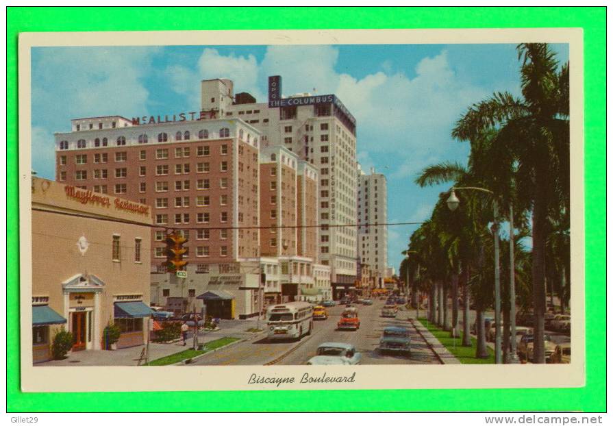 MIAMI,  FL. - BISCAYNE BLVD LOOKING NORTH - HOTEL ROW - ANIMATED VINTAGE CARS - - Miami