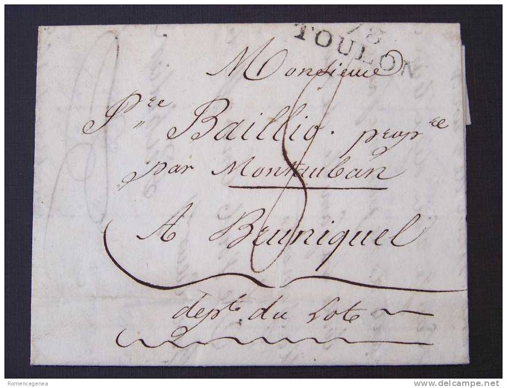 Marque Postale - BRUNIQUEL - MONTAUBAN - Militaire Du 16e Régiment De Ligne - TOULON, 11 Décembre 1809 - Cachet Impérial - 1801-1848: Precursors XIX