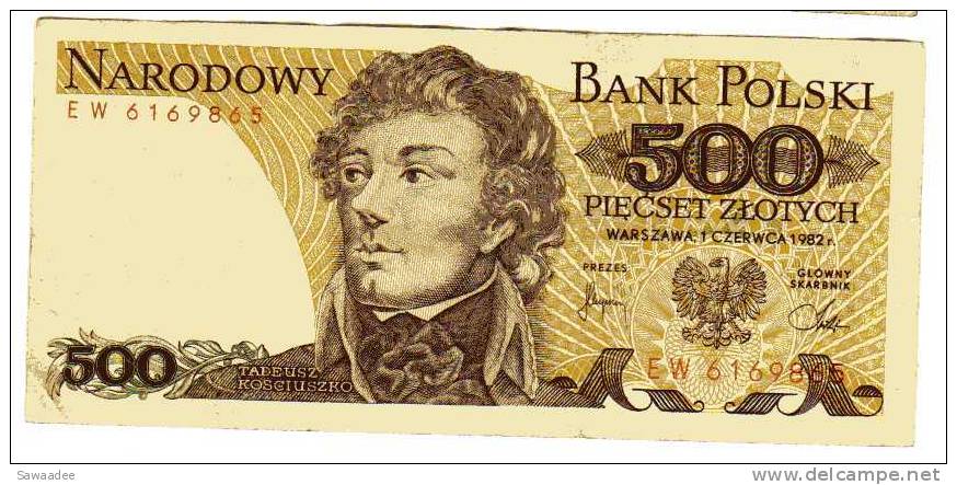 BILLET POLOGNE - P.145 - 500 ZLOTYCH - 1982 - TADEUSZ KOSCIUSZKO - Poland