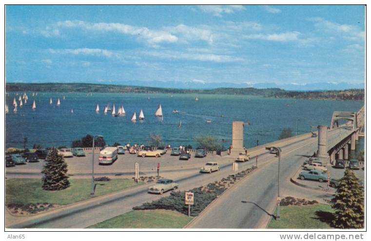 Seattle WA Yacht Club Regatta Lake Washington Floating Bridge Bus And Autos On C1950s Vintage Postcard - Seattle