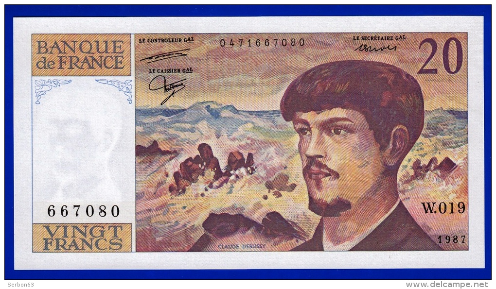 BILLET FRANCE 20 FRANCS DEBUSSY NEUF AVEC TRACE DE COMPTAGE W.019 N° 667080 ANNEE 1987 VOIR 2 SCANS - 20 F 1980-1997 ''Debussy''