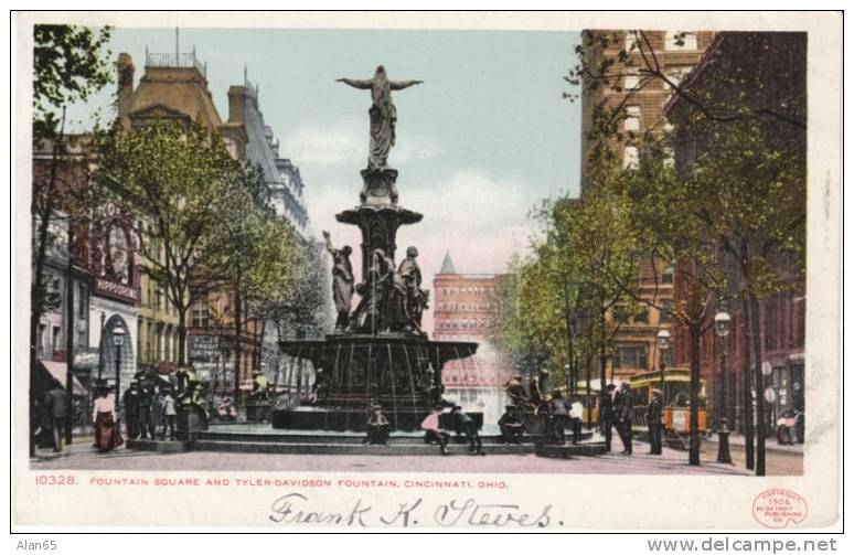 Cincinnati Ohio Tyler Davidson Fountain Square On 1906 Detroit Publishing Co. Postcard, Street Car - Cincinnati