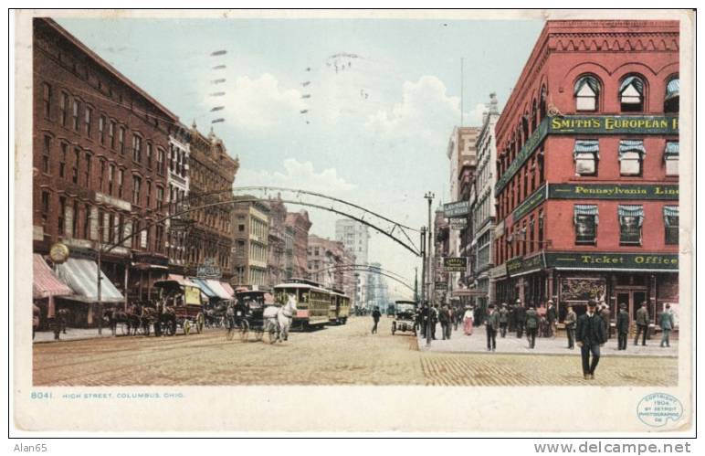 Columbus Ohio, High Street Animated View, Horse-drawn Carriage, Street Car, 1904 Detroit Photographic Co. Postcard - Columbus