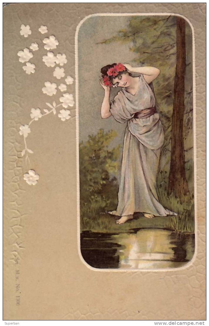 ART NOUVEAU : JEUNE FEMME AU BORD DE L´ EAU - SUPERBE LITHOGRAPHIE GAUFRÉE - ANNÉE: ENV. 1900 (d-140) - Avant 1900