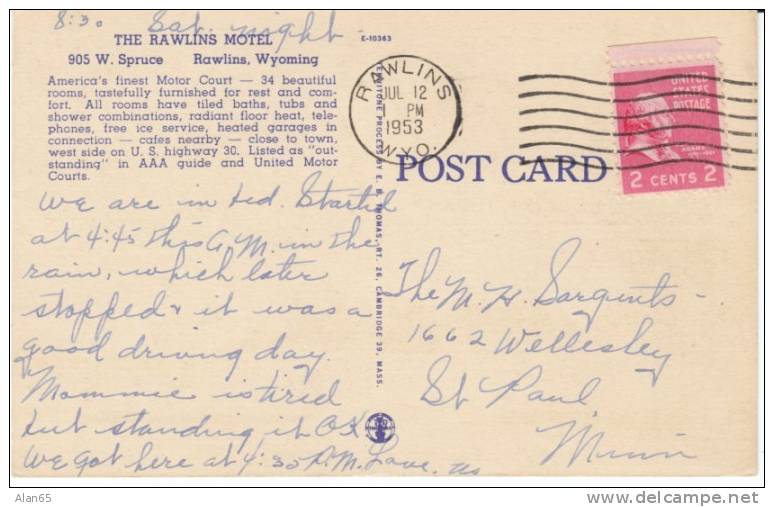 Rawlins WY, Rawlins Motel, Lodging, On C1950s Vintage Linen Postcard - Autres & Non Classés