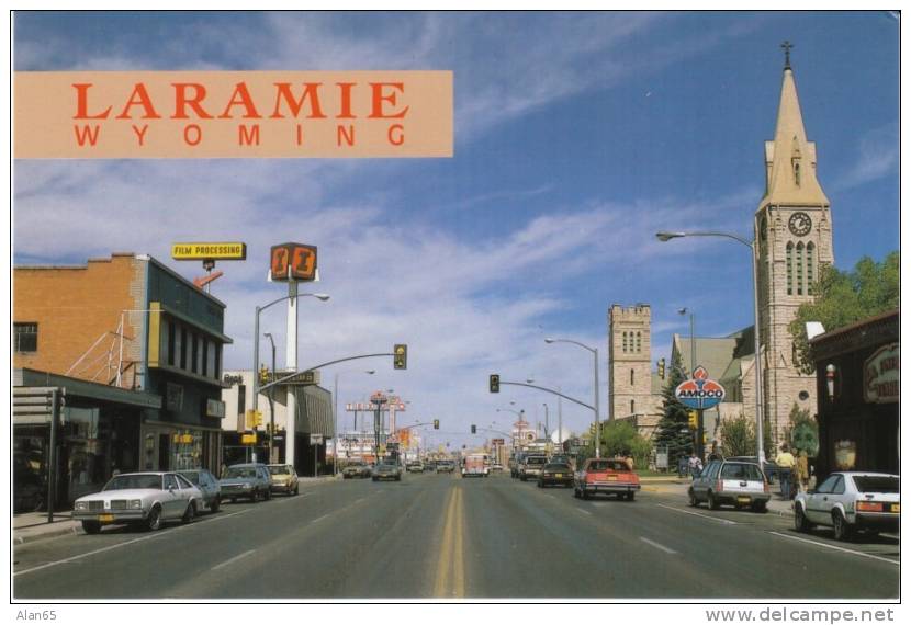 Laramie WY Street Scene Business District, 1990s Vintage Postcard, Autos, Amoco, Texaco Gas Station - Laramie