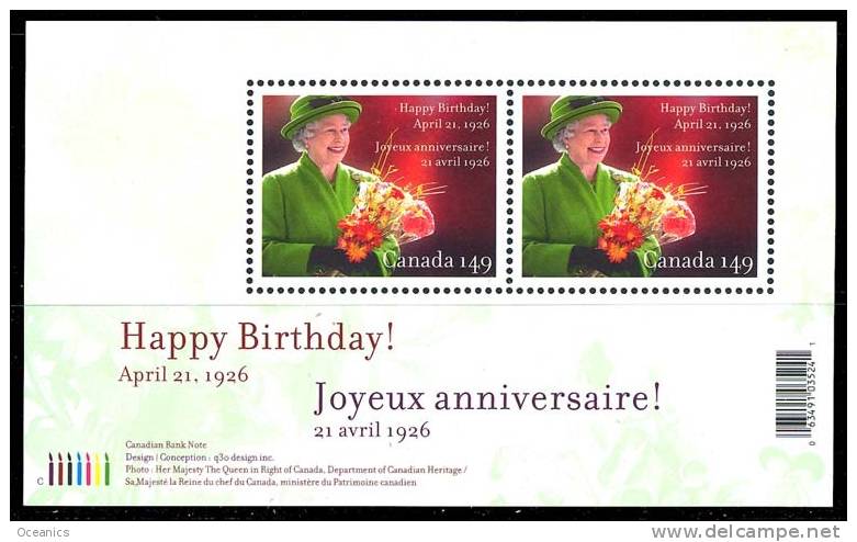 Canada (Scott No.2150 - 80e Anniversaire D' / ElizabethII / 90th Birthday) [**]  BF / SS - Blocks & Kleinbögen