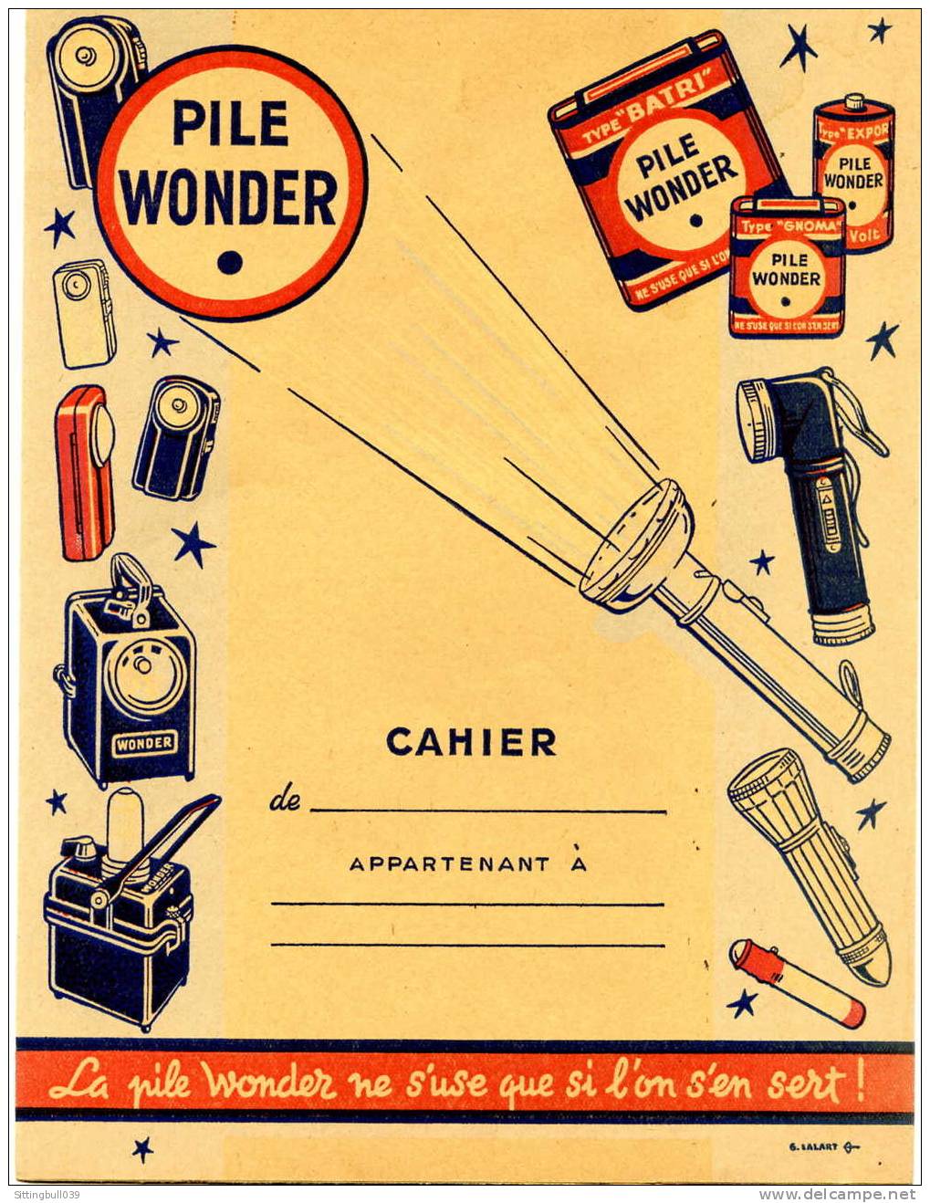 PROTÈGE-CAHIER PUBLICITAIRE ILLUSTRE, OFFERT PAR LA PILE WONDER, EN ECLAIRAGE PORTATIF. VERSO ILLUSTRE. ANNEES 1950,55 - Protège-cahiers