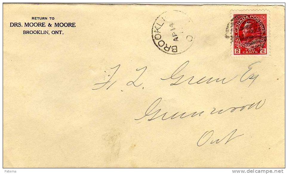 Carta , BROOKLIN-ONT ,(Canada) 1915,  Fancy Cancel, Cove, Lettre - Lettres & Documents