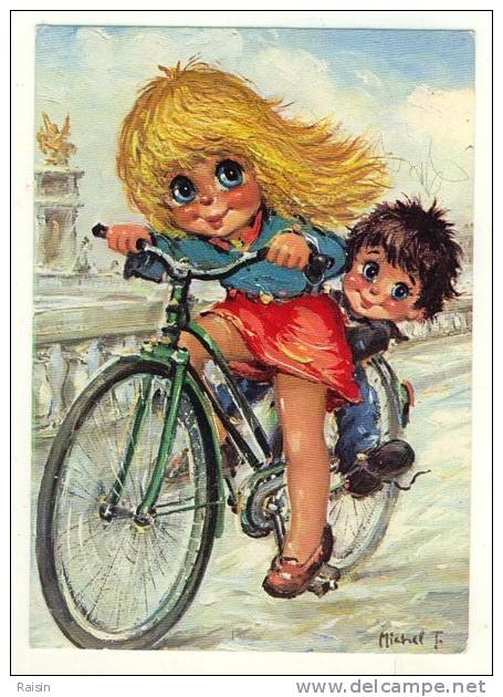 Michel Thomas Illustrateur Gamins Fillette Cycliste Transport En Commun Carte Toilée 1975 BE - Thomas