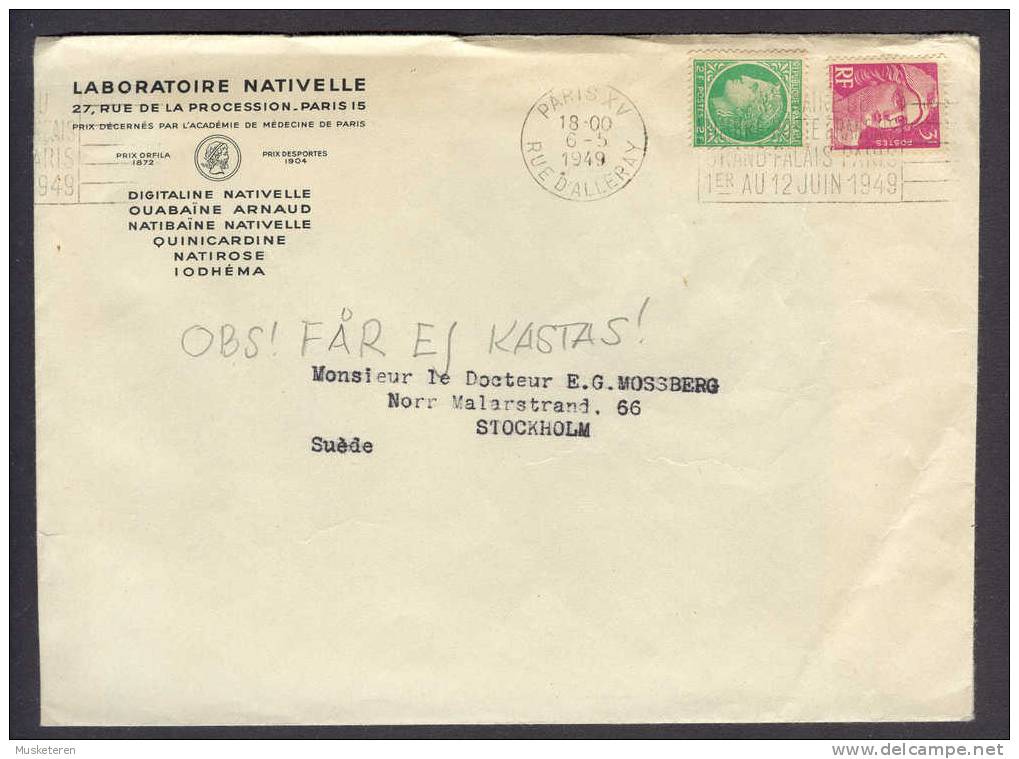 France Laboratoire Nativelle Paris Rue D'Alleray 1949 Cover To Sweden A La Suéde Marianne - Lettres & Documents