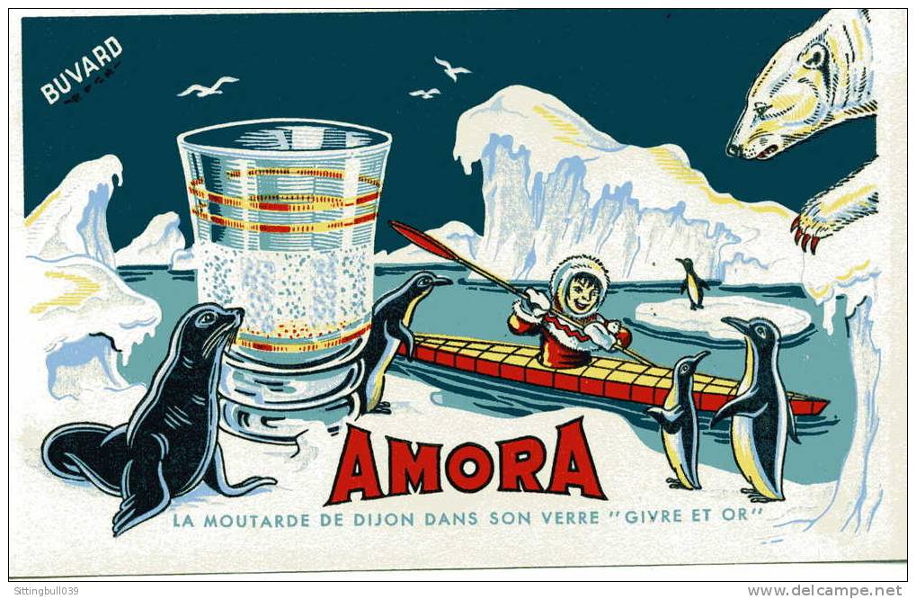 BUVARD PUBLICITAIRE POUR LA MOUTARDE AMORA. LA MOUTARDE DE DIJON DANS SON VERRE GIVRE ET OR. Années 1950 / 60 - Moutardes