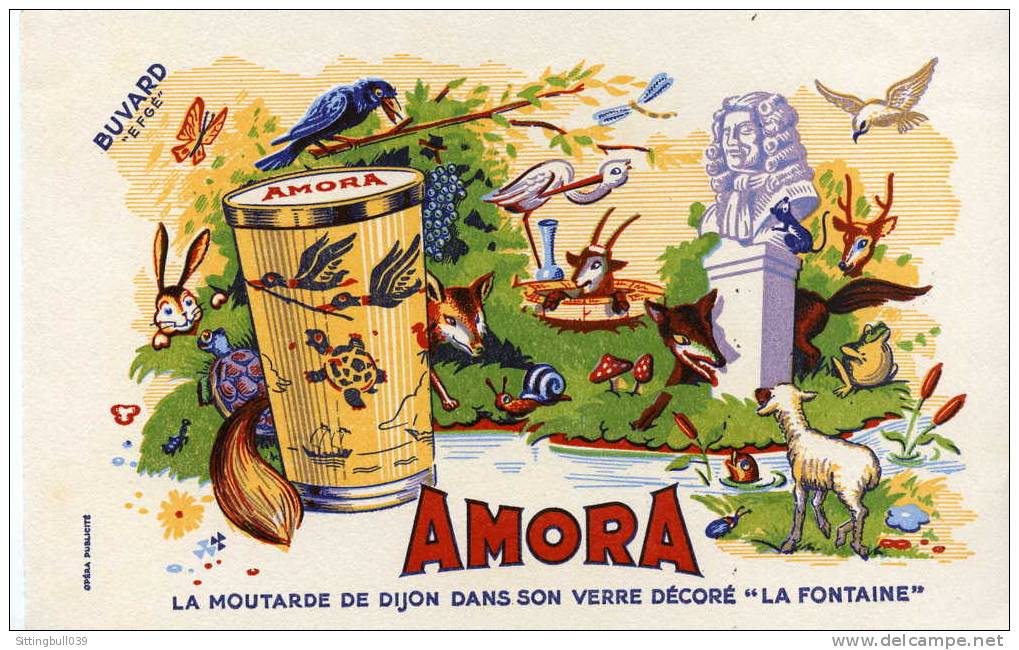 BUVARD PUBLICITAIRE POUR LA MOUTARDE AMORA. LA MOUTARDE DE DIJON DANS SON VERRE DECORE LA FONTAINE. Années 1950 / 60 - Senf