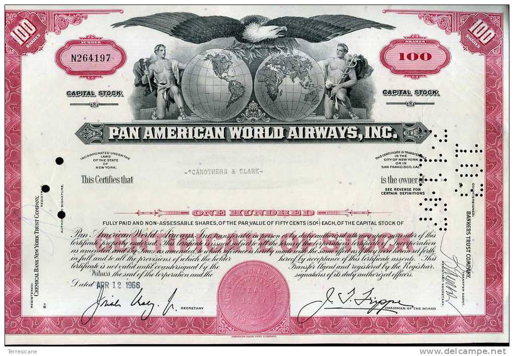 X CERTIFICATO AZIONARIO COMMON STOCK PAN AMERICAN WORDL AIRWAYS - Altri & Non Classificati