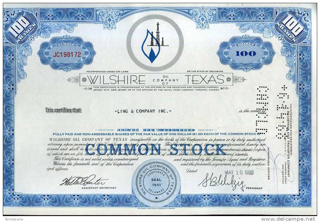 LOTTO 3 CERTIFICATI AZIONARI COMMON STOCK WILSHIRE OIL COMPANY TEXAS 1968 - Aardolie