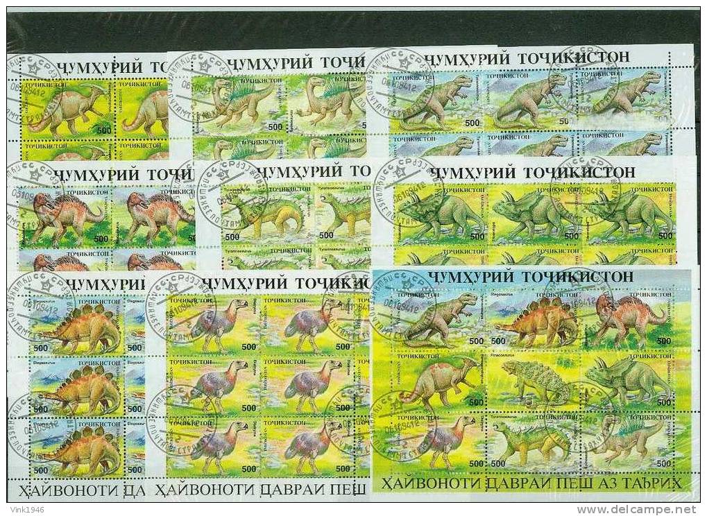 Tadschikistan 1994, Dinosaurs 8 Klb + 1 Zd Klb, Mooi Gebruikt (L9107) - Préhistoriques