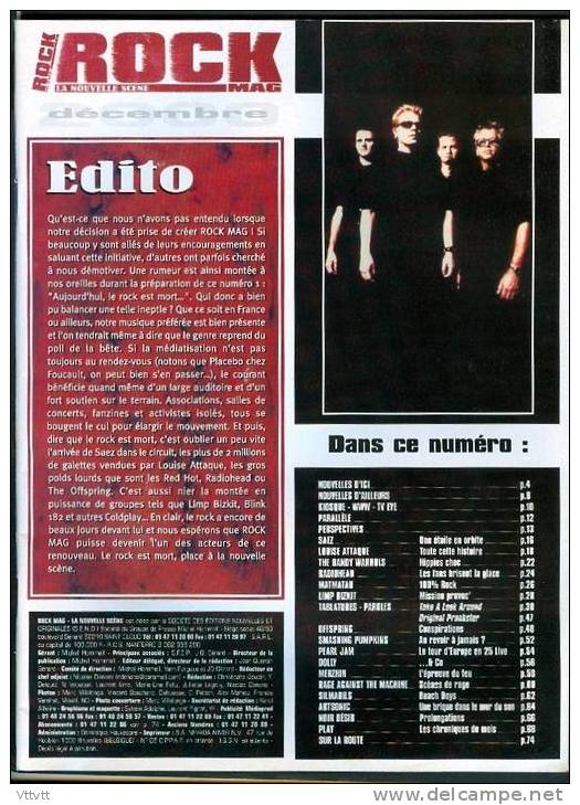 ROCK MAG, N° 1, Décembre 2000 : Louise Attaque, Radiohead, Matmatah, Saez, Limp Bizkit, Offspring, Pearl Jam, Noir Désir - Musik