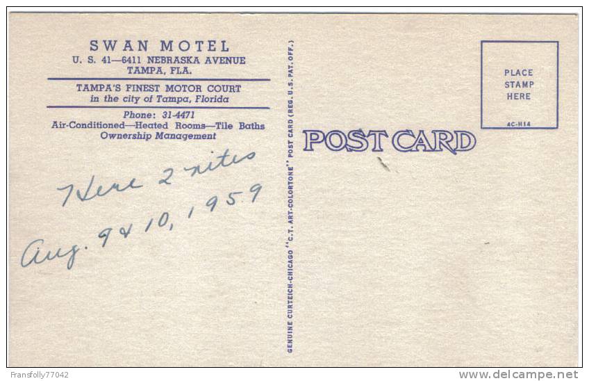 TAMPA FLORIDA Swan Motel U.S. 41 6411 NEBRASKA AVENUE 1959 - Tampa