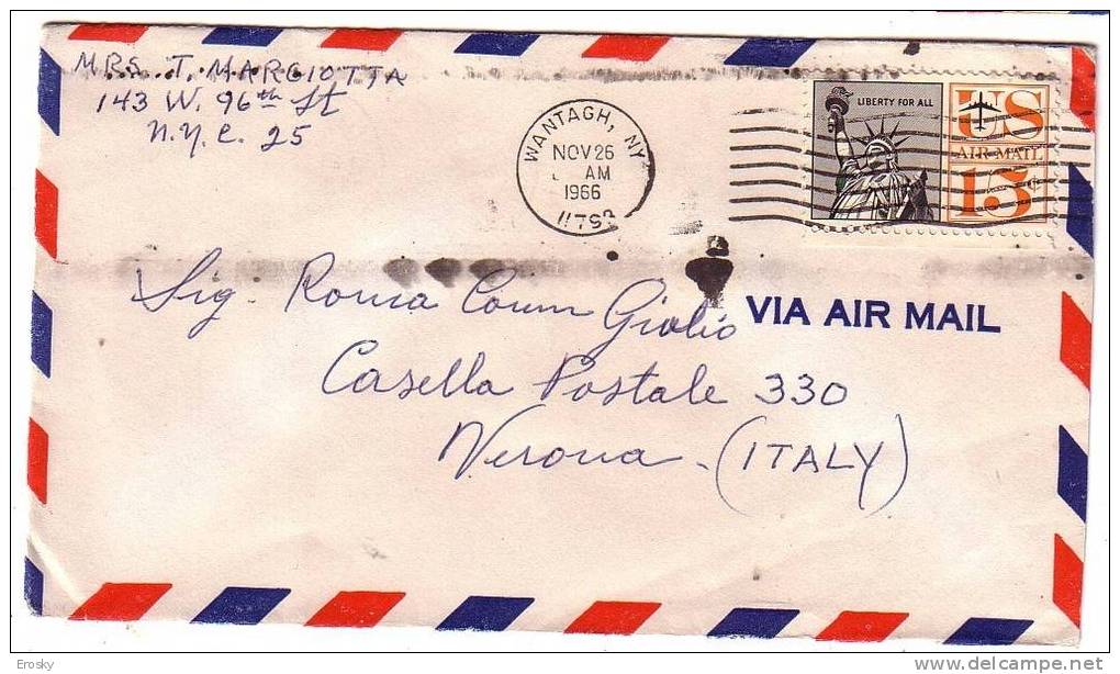 E105 - USA LETTER TO ITALY 26/11/1966 - Storia Postale