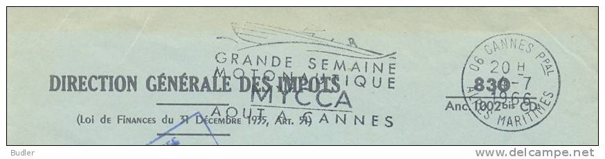 FRANCE:1966:Pli Voyagé (franchise De Port) Avec Flamme Illustrée#MYCCA  Cannes#:AQUATIC SPORTS,RACE-BOAT,SPORT NAUTIQUE, - Wasserski