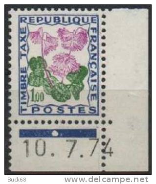 FRANCE Taxe 102 ** Fleur Flower Blume : Soldanelle Des Alpes En Coin Daté 10.7.74 1 Point Dans Bande Bleue 1974 - Impuestos