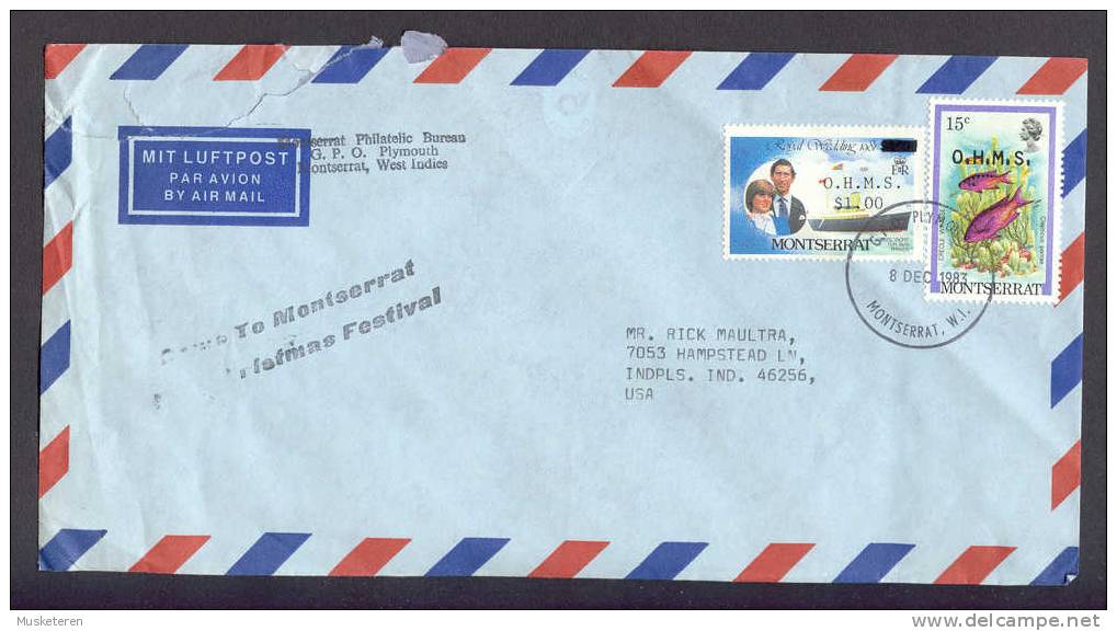 Montserrat Luftpost Par Avion Airmail 1983 Cover To USA Royal Wedding Overprinted Diana & Charles Fish O.H.M.S. - Montserrat