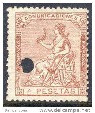 Spain #199 Used 4p Seated ´Espana´ (telegraph Punch) From 1873 - Usati