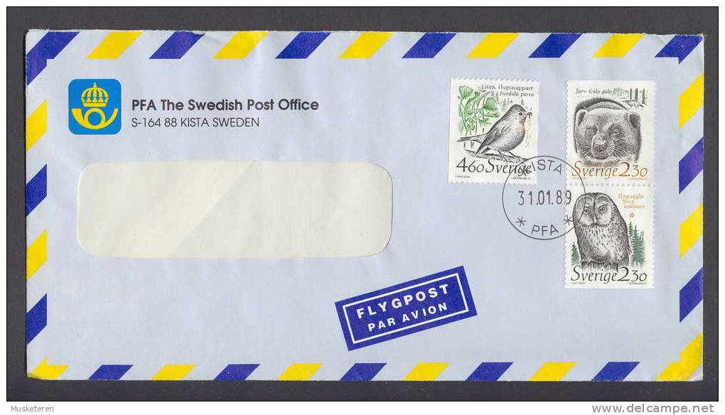 Sweden Flygpost Airmail Par Avion Deluxe Cancel KRISTA PFA 1989 Birds Owl Jarv Animal - Lettres & Documents