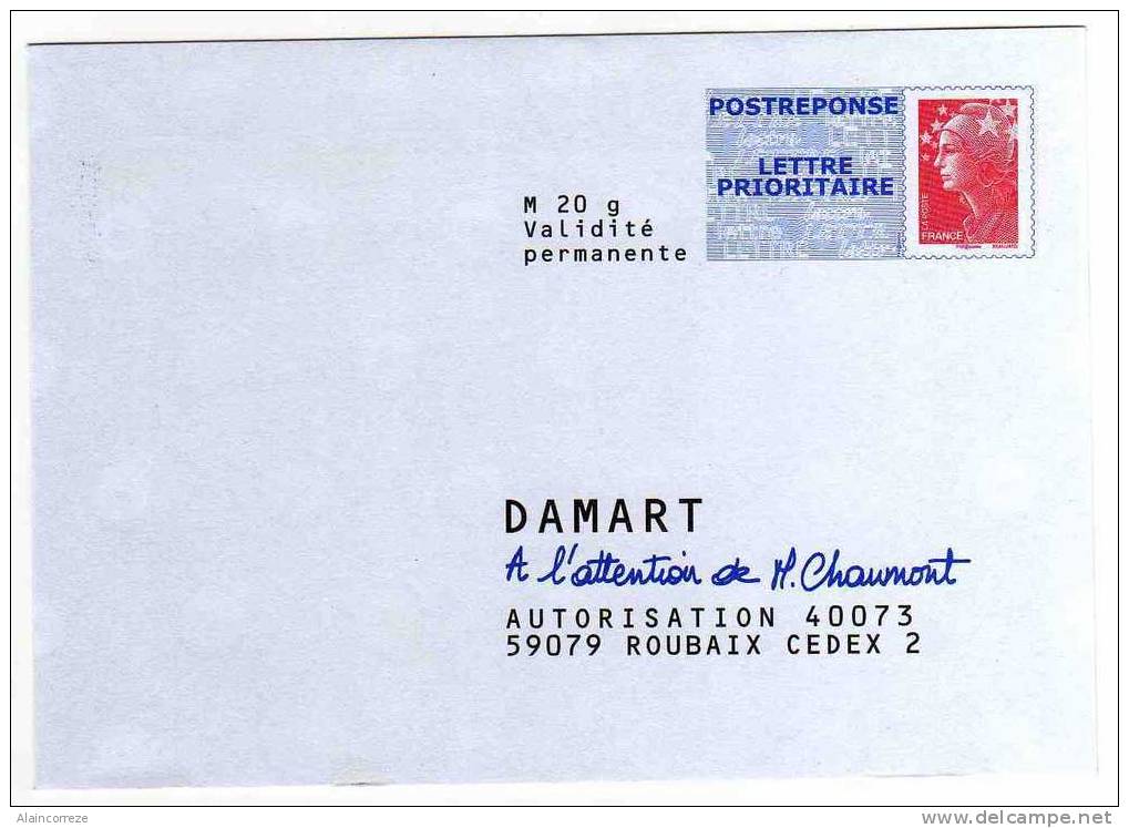 Entier Postal PAP Réponse POSTREPONSE DAMART Nord Roubaix Autorisation 40073 N° Au Dos: 09P198 - PAP: Antwort/Beaujard