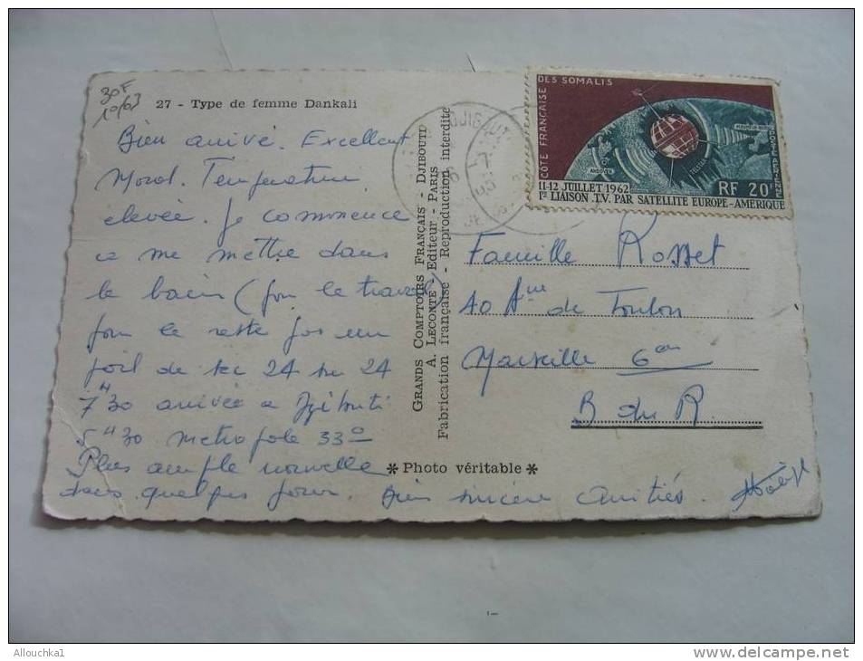 MARCOPHILIE -CARTE POSTALE DE LA COTE FRANCAISE  DES SOMALIS -TYPE DE FEMME DANKALI EN 1963 - TIMBRE ESPACE SATELLITE E - Lettres & Documents