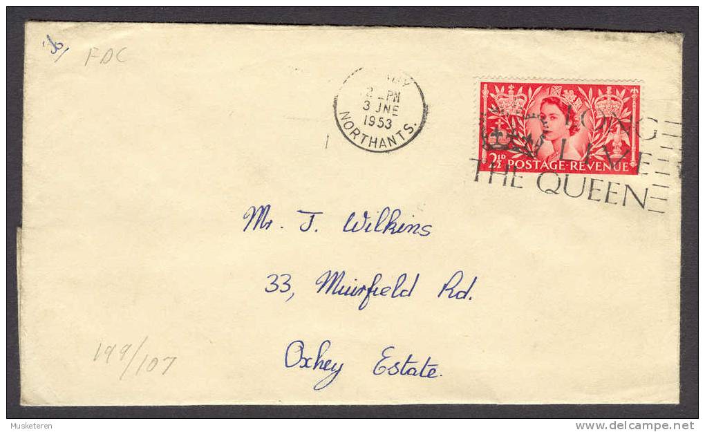 Great Britain 1953 Unofficial FDC Cover GREASEBY NORTHANTS Queen Elizabeth II Coronation Long Live The Queen Cancel - 1952-1971 Pre-Decimal Issues