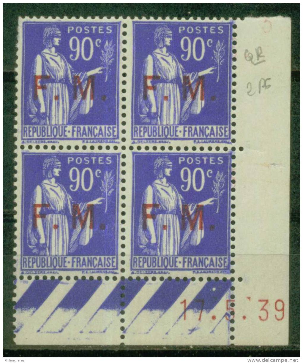 France Bloc De 4 - Coin Daté 1939 - Yvert F.M. N° 9 X - Cote 6 Euros - Prix De Départ 1,5 Euro - 1930-1939