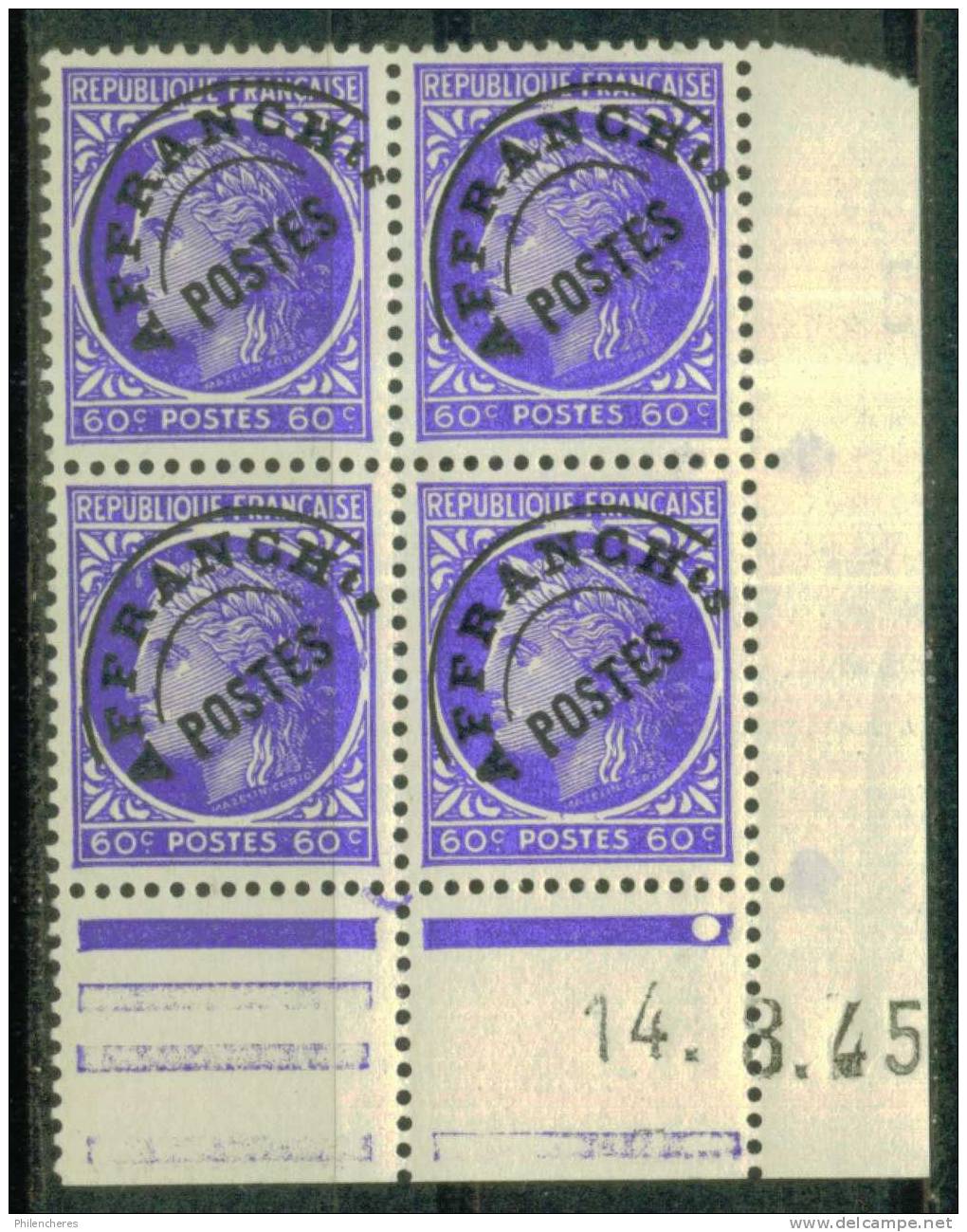 France Bloc De 4 - Coin Daté 1945 - Yvert Préoblitéré N° 87 Xx - Cote 4 Euros - Prix De Départ 1,5 Euro - Precancels