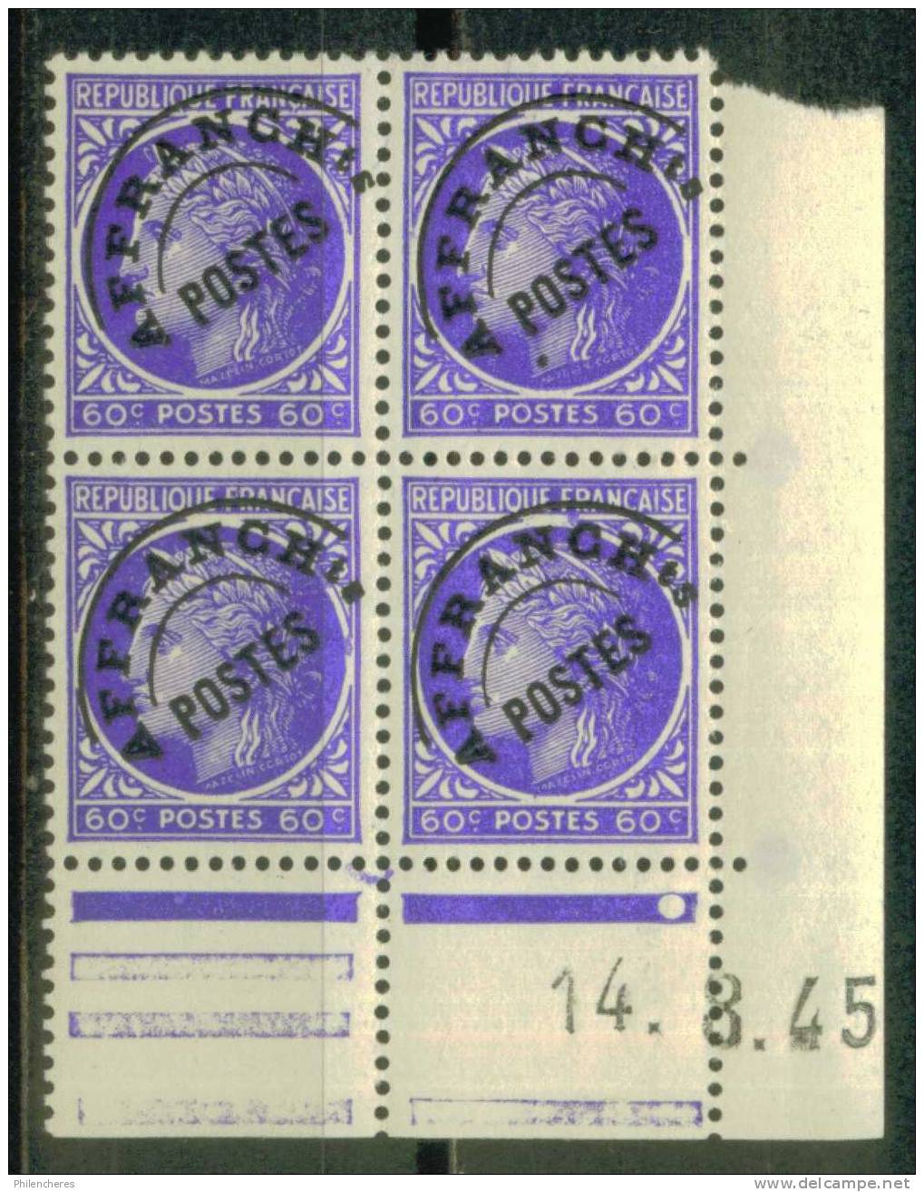 France Bloc De 4 - Coin Daté 1945 - Yvert Préoblitéré N° 87 Xx - Cote 4 Euros - Prix De Départ 1,5 Euro - Precancels