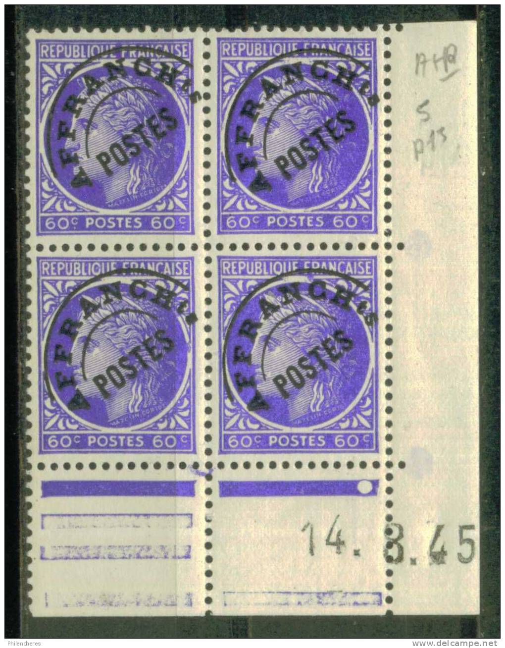 France Bloc De 4 - Coin Daté 1945 - Yvert Préoblitéré N° 87 Xx - Cote 4 Euros - Prix De Départ 1,5 Euro - Préoblitérés