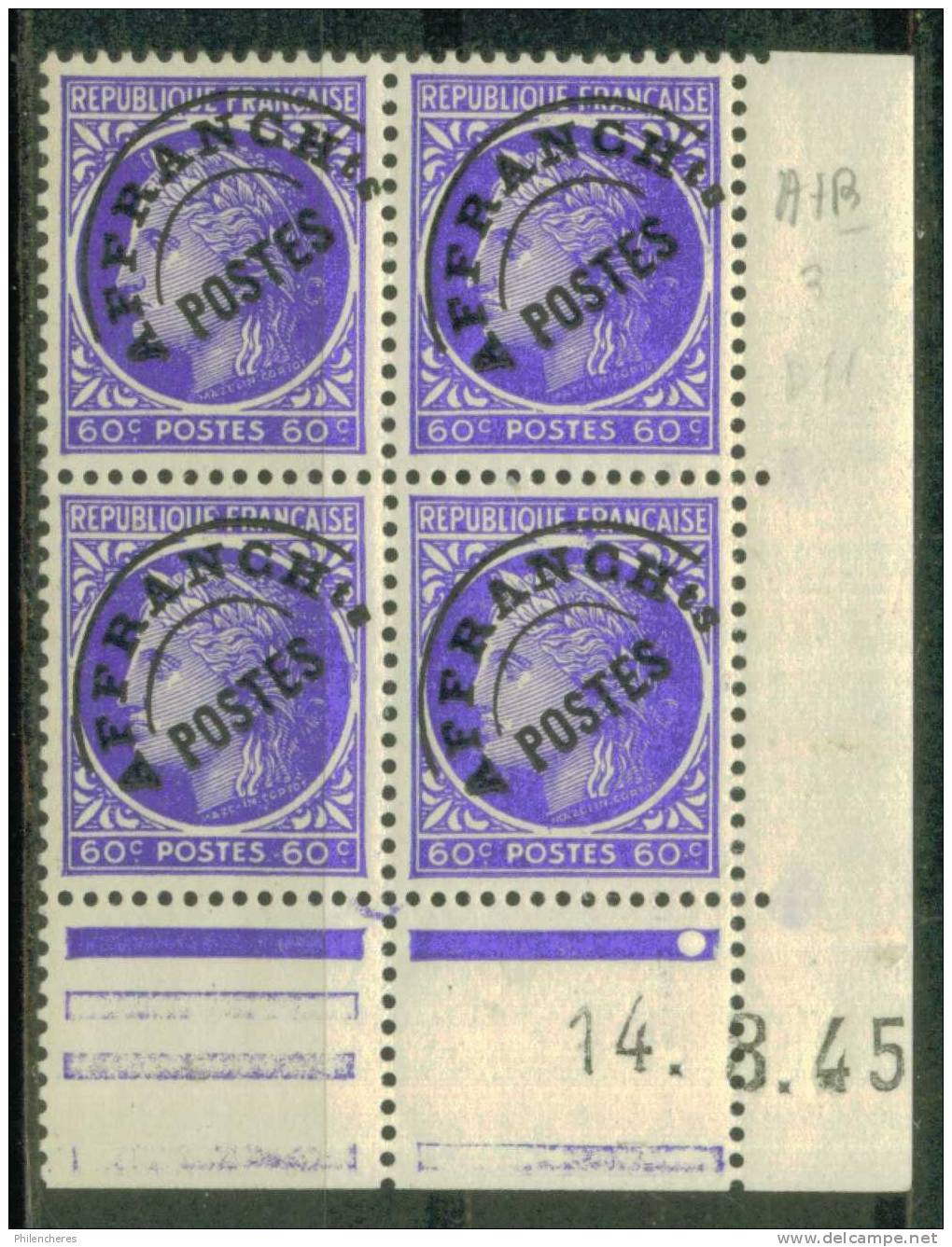 France Bloc De 4 - Coin Daté 1945 - Yvert Préoblitéré N° 87 X - Cote 4 Euros - Prix De Départ 1 Euro - Vorausentwertungen
