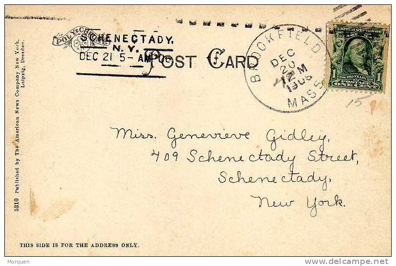 1314. Post Card BROOKFIELD Massachusets 1905. Estados Unidos - Briefe U. Dokumente