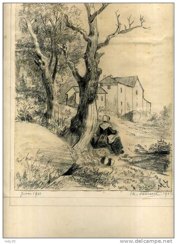 - PAYSAGE AVEC UNE FEMME ASSISE SOUS UN ARBRE, ET UNE MAISON . DESSIN AU CRAYON SIGNE , MONOGRAMME ET DATE 1901 - Dessins