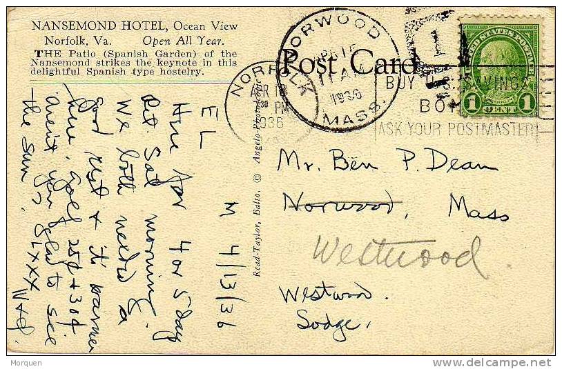 1313. Post Card NORFOLK Virginia 1936. Estados Unidos - Cartas & Documentos